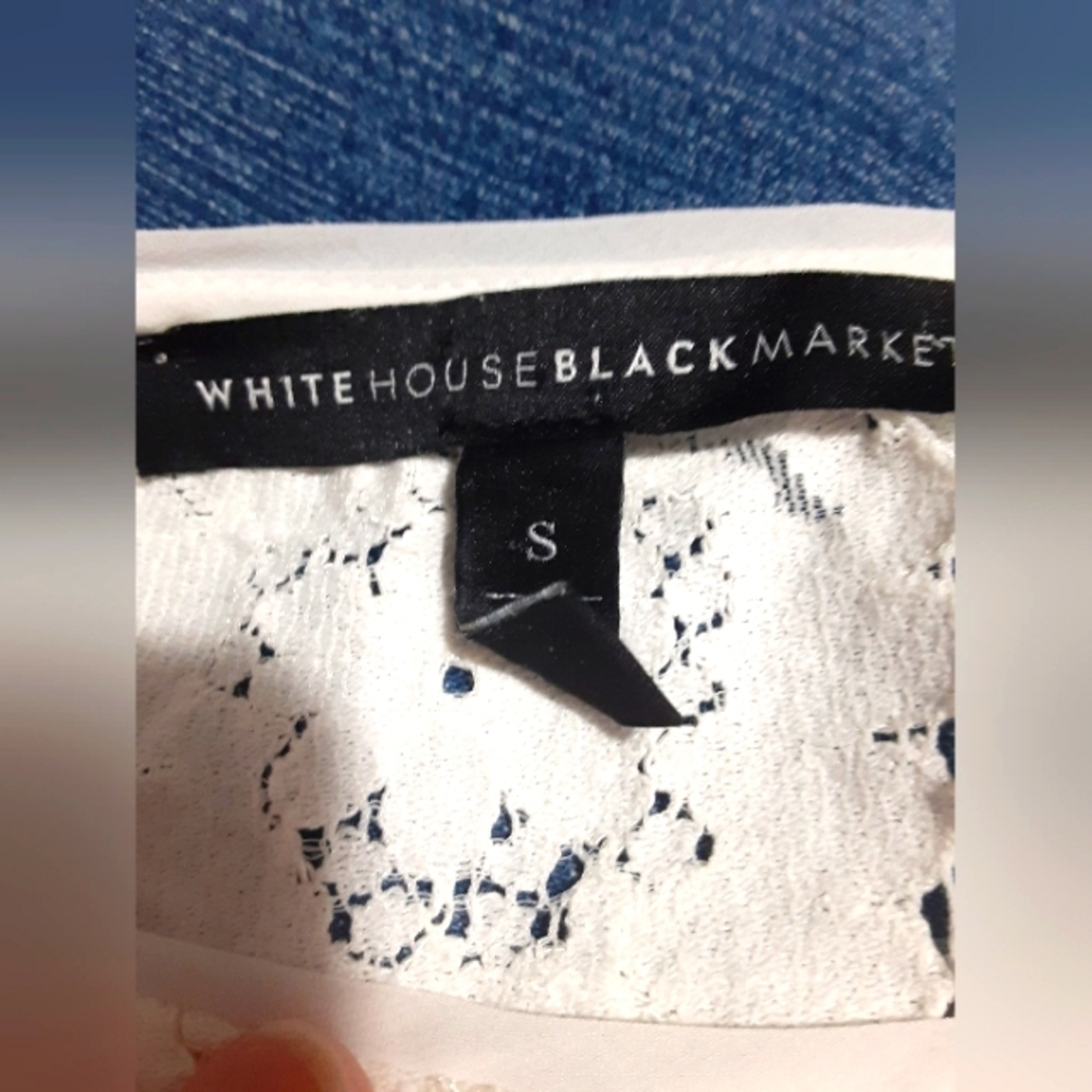 White House Black Market Womens White Lattice Eyelit Top Bow Tie Long Sleeve S/P - Picture 6 of 8